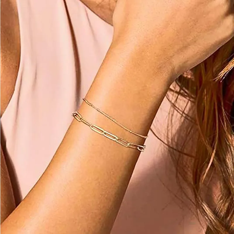 Dainty Gold Bracelets For Women, 14K Gold Filled Adjustable Layered Bracelet Cute Evil Eye Oval Chain Pearl Bar Turtle Gold Bracelets For Women Jewelry view 3