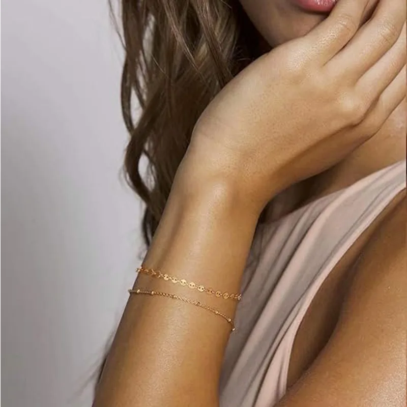 Dainty Gold Bracelets For Women, 14K Gold Filled Adjustable Layered Bracelet Cute Oval Chain  Bar Gold Bracelets For Women Jewelry view 3
