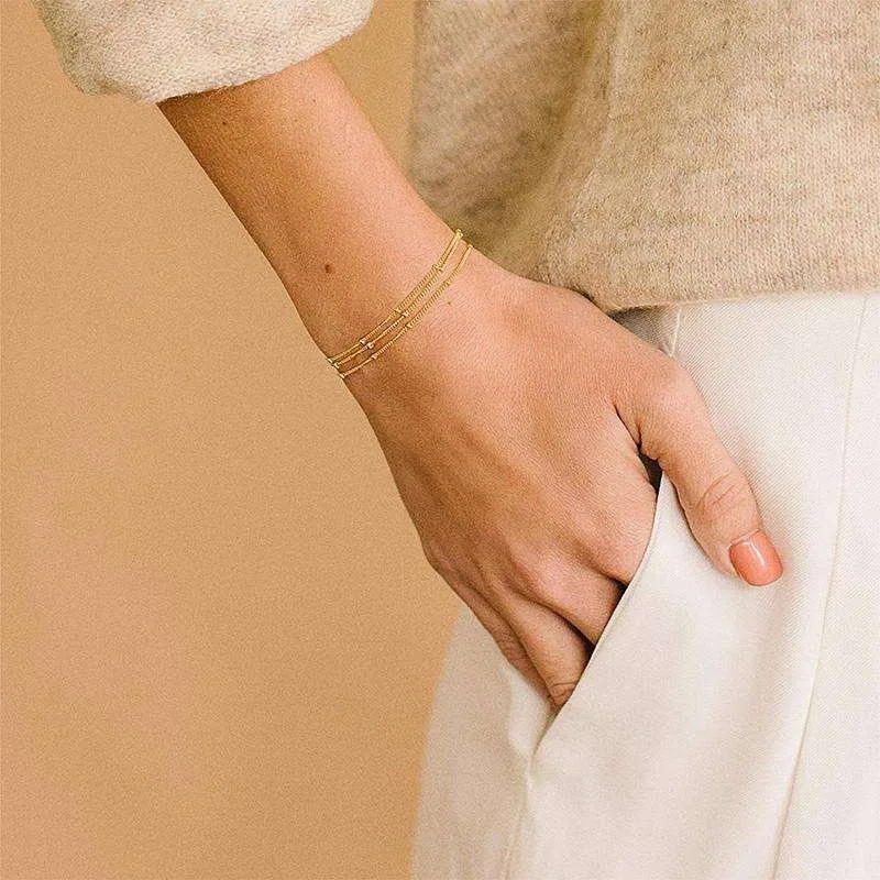 Dainty Gold Bracelets For Women, 14K Gold Filled Adjustable Layered Bracelet Cute Oval Chain  Bar Gold Bracelets For Women Jewelry view 3