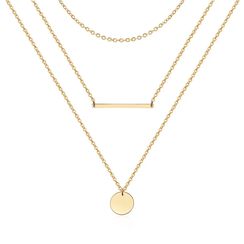 3pcs Dainty Layered Choker Necklace, Handmade 14K Gold Plated Y Pendant Necklace Multilayer Bar Disc Necklace Adjustable Layering Choker Necklaces For Women