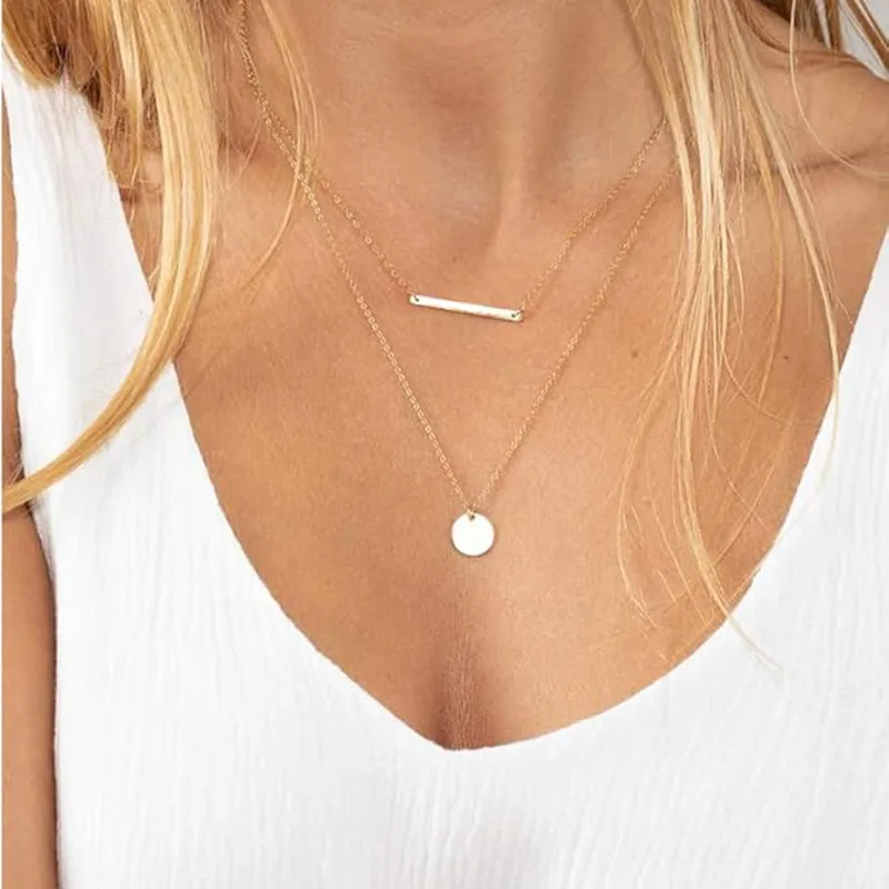 3pcs Dainty Layered Choker Necklace, Handmade 14K Gold Plated Y Pendant Necklace Multilayer Bar Disc Necklace Adjustable Layering Choker Necklaces For Women view 2