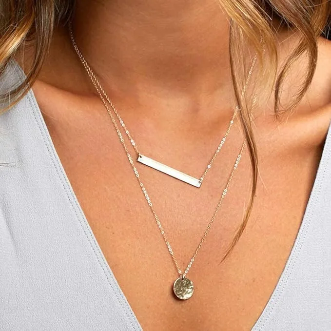 Dainty Layered Choker Necklace, 14K Gold Plated Y Pendant, Multilayer Bar Disc Necklace, Adjustable Layering Choker Necklaces For Women view 4