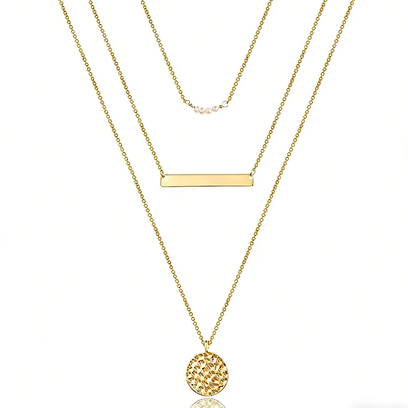 Dainty Layered Choker Necklace, 14K Gold Plated Y Pendant, Multilayer Bar Disc Necklace, Adjustable Layering Choker Necklaces For Women