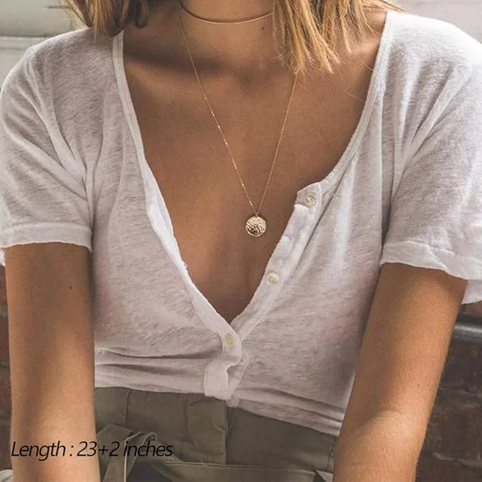 Dainty Layered Choker Necklace, 14K Gold Plated Y Pendant, Multilayer Bar Disc Necklace, Adjustable Layering Choker Necklaces For Women view 2