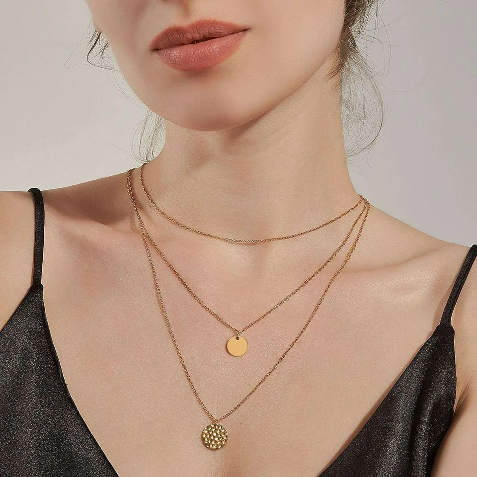 Gold Layered Choker Necklace 14K Gold Plated Bar Coin Charm Pendant Neckalce Delicate Multilayer Choker Necklaces For Women view 3