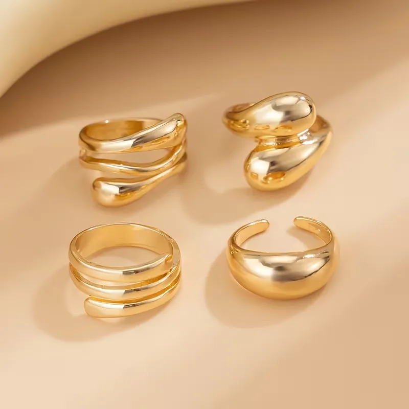 A Set Of 4 Elegant And Minimalist Golden Rings, Adjustable Open Rings For Women, Featuring A MultiLayer Spiral And Teardrop Geometric Design, Suitable For All Seasons view 4