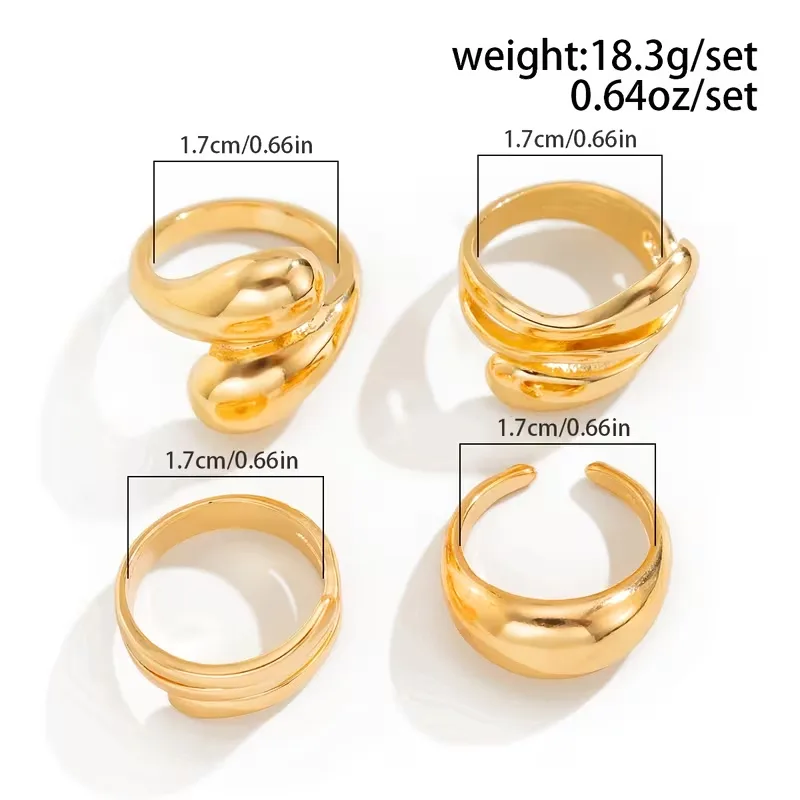 A Set Of 4 Elegant And Minimalist Golden Rings, Adjustable Open Rings For Women, Featuring A MultiLayer Spiral And Teardrop Geometric Design, Suitable For All Seasons view 2