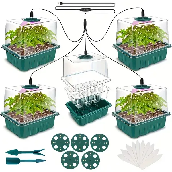 5-Pack Seed Starter Kit With LED Grow Lights – Indoor Propagation Trays With Adjustable Humidity Dome & Clear Cell Seedling Trays, Mini Greenhouse Seed Starting Set For Plants & Vegetables