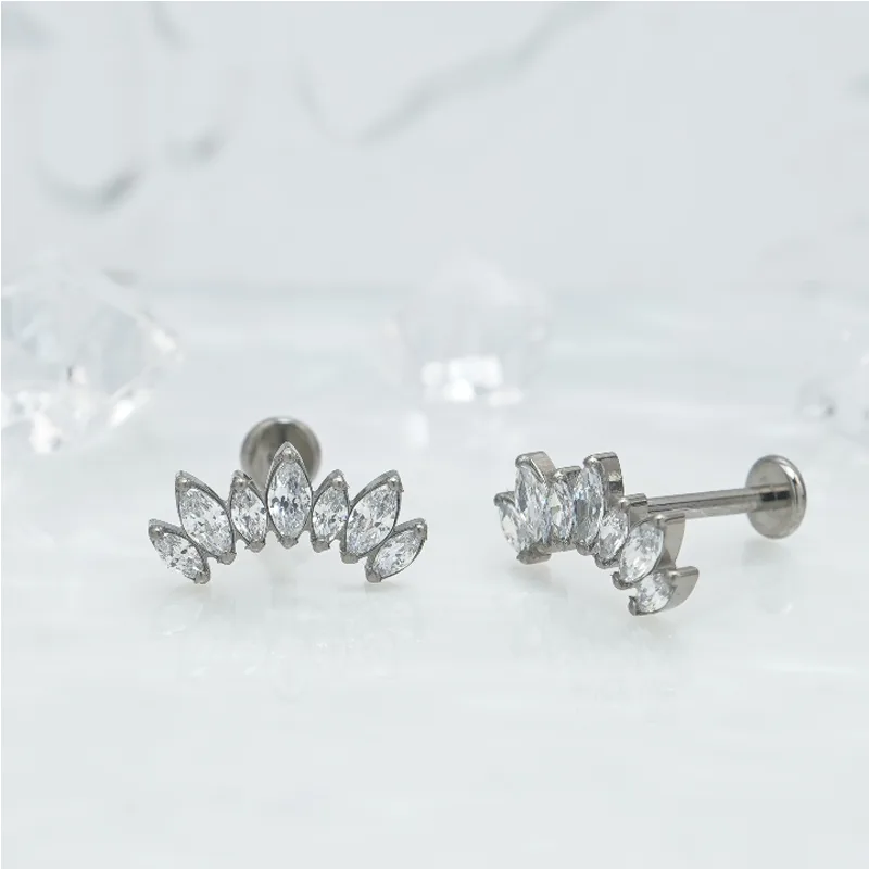 1 Pair Of Women's Earrings, 16 Gauge Implant Grade Titanium Internally Threaded Labret With Marquise And Round CZ Fan Top,Geometric Glow Earrings, Crystal Clusters Blooming