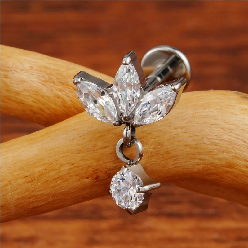 Right Grand Implant Grade Titanium 16G Triple Marquise CZ Internally Threaded Labret Monroe Lip Cartilage Helix Stud Earring view 3