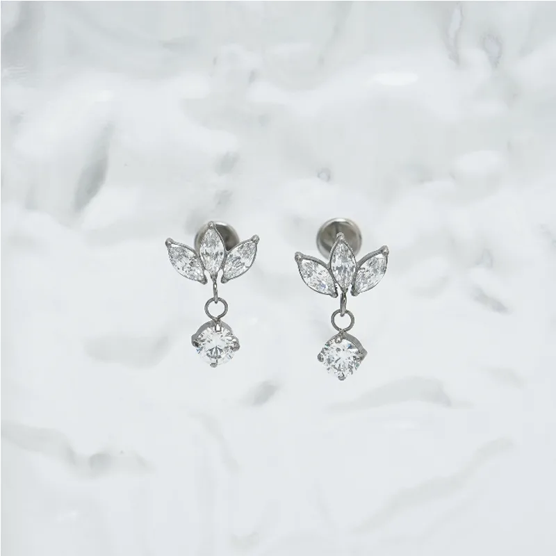 Right Grand Implant Grade Titanium 16G Triple Marquise CZ Internally Threaded Labret Monroe Lip Cartilage Helix Stud Earring view 4