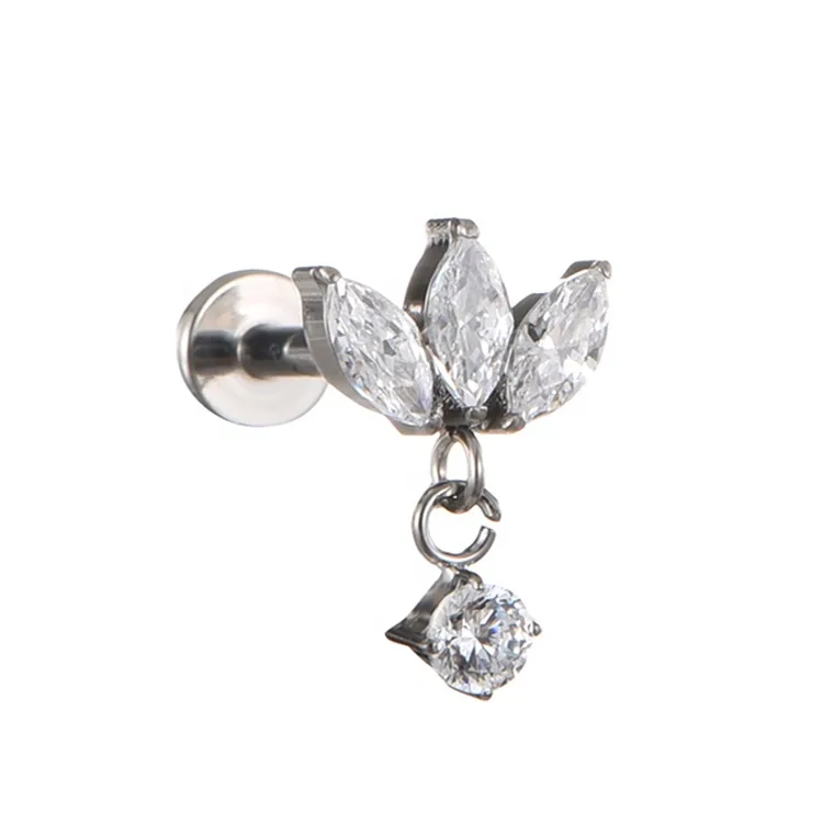 Right Grand Implant Grade Titanium 16G Triple Marquise CZ Internally Threaded Labret Monroe Lip Cartilage Helix Stud Earring view 2