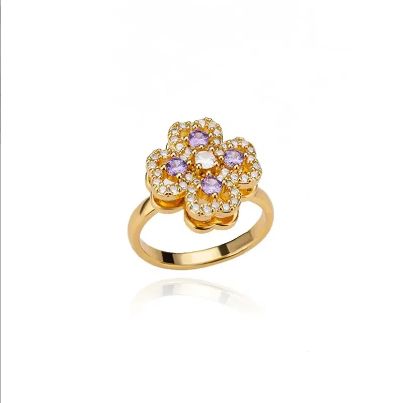 Golden Clover Rotate Rings For Women,Zircon Stainless Steel Open Adjustable Ring Golden Gift Jewelry