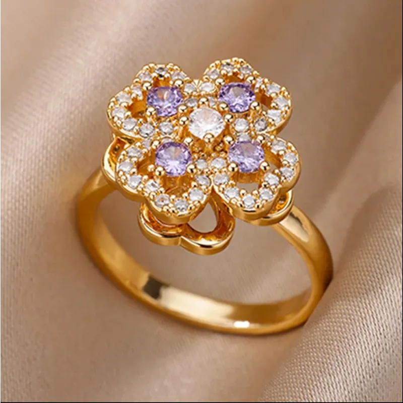 Golden Clover Rotate Rings For Women,Zircon Stainless Steel Open Adjustable Ring Golden Gift Jewelry view 4