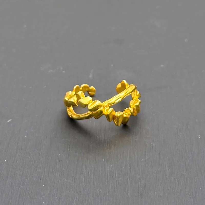 24k Gold Jewelry,Open Ring For Women, Handmade Adjustable Ring, Minimalist Stackable Ocean Themed Gift, Bold Exaggerated Irregular Wavy Trendy Ribbed Jewelry, Textured Patterned Fashion Accessories, V view 3
