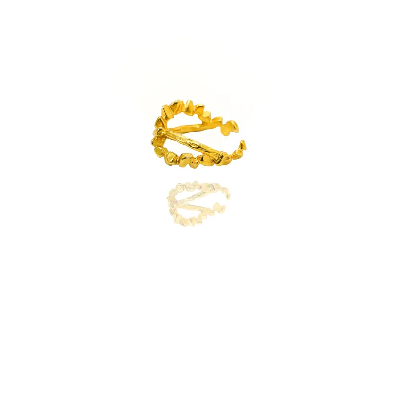 24k Gold Jewelry,Open Ring For Women, Handmade Adjustable Ring, Minimalist Stackable Ocean Themed Gift, Bold Exaggerated Irregular Wavy Trendy Ribbed Jewelry, Textured Patterned Fashion Accessories, V view 2