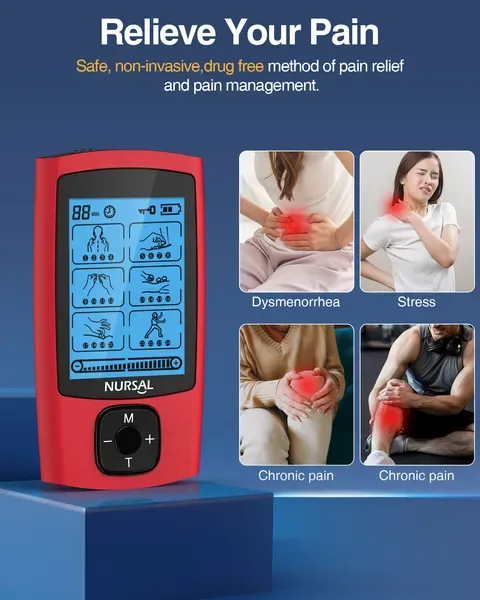 24 Modes TENS Unit Muscle Stimulator, Red Color, Rechargeable Electronic Pulse Massager With 8 Pads For Back And Shoulder Pain Relief And view 4