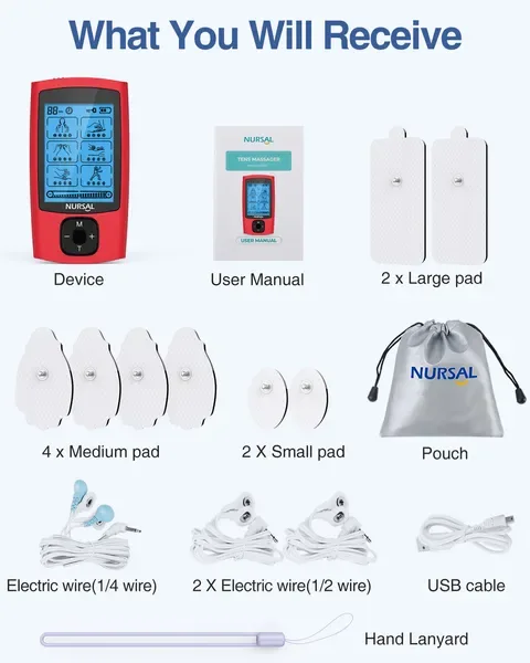 24 Modes TENS Unit Muscle Stimulator, Red Color, Rechargeable Electronic Pulse Massager With 8 Pads For Back And Shoulder Pain Relief And view 2