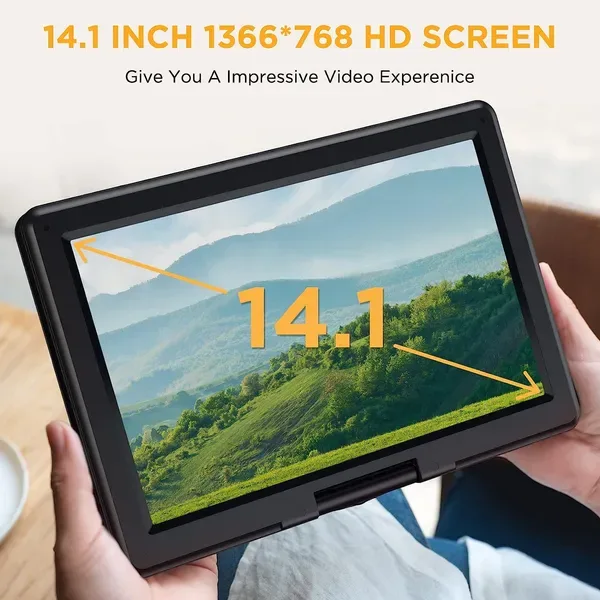 DBPOWER 16.9" Portable DVD Player With 14.1" HD Swivel Large Screen, Support DVD/USB/SD Card And Multiple Disc Formats, 6 Hrs 5000mAH view 2