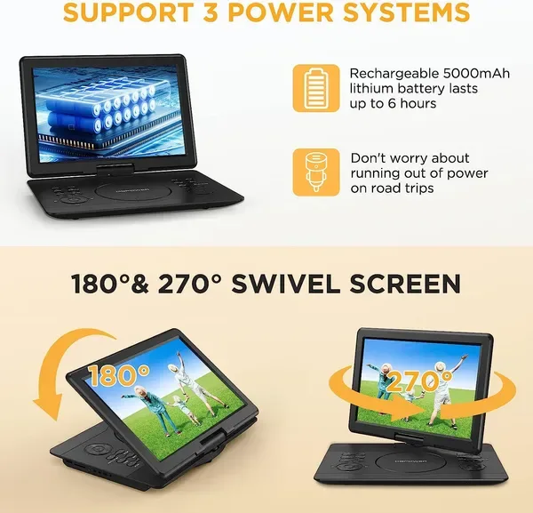 DBPOWER 16.9" Portable DVD Player With 14.1" HD Swivel Large Screen, Support DVD/USB/SD Card And Multiple Disc Formats, 6 Hrs 5000mAH view 4