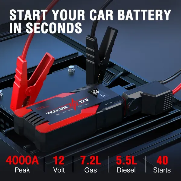 4000 AMP PEAK Car Jump Starter Jumper Box 51.8WH Power Bank 12V Battery Charger 7.2L Gas Engine 5.5L Diesel Engine LCD Display view 2