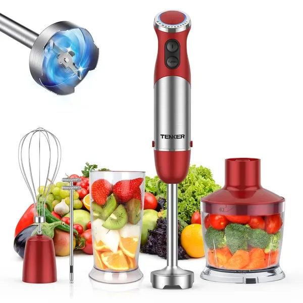 TENKER 5-in-1 Hand Immersion Blender, 1000W 12 Speed Handheld Blender, Copper Motor Stainless Steel Blade Stick Blender,600ml Mixing Beaker,500ml Food Processor, Whisk, Milk Frother, BPA-Free, Red