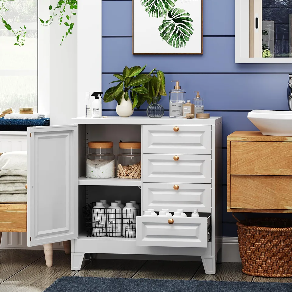 Bathroom Storage Cabinet With 4 Drawers,Metal Bathroom Floor Cabinet With Door And Shelves,Toilet Paper Storage Cabinet For Bathroom,Home,White