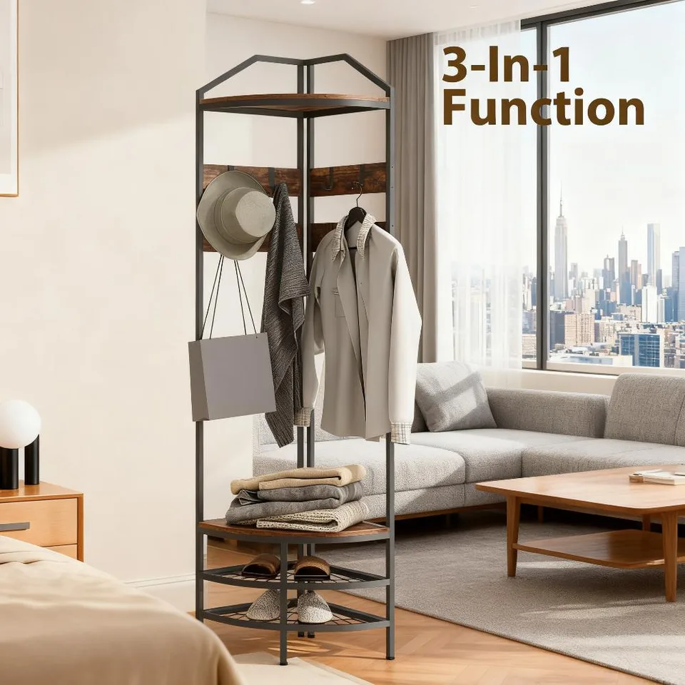 Coat Rack Corner Hall Tree, Industrial 4-Tier Coat Rack view 3