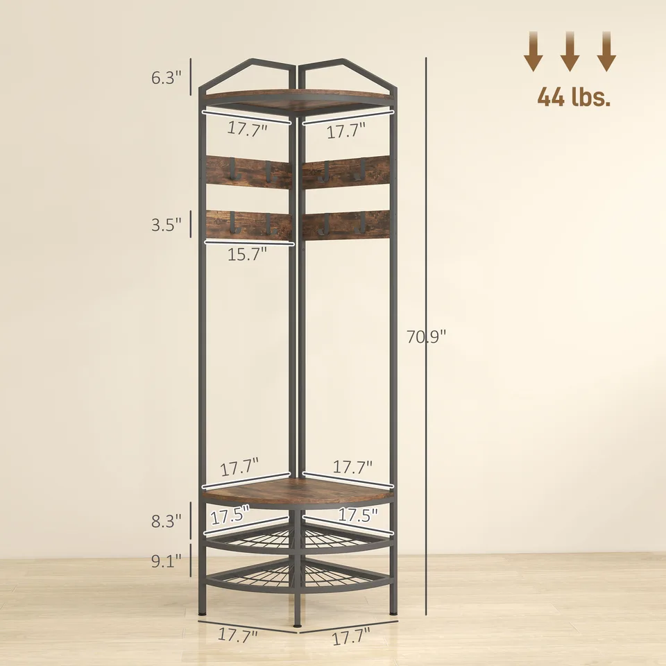 Coat Rack Corner Hall Tree, Industrial 4-Tier Coat Rack view 2