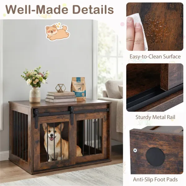31.5" Dog Crate Furniture With Sliding Barn Door, Wooden Dog Kennel End Table For Indoor Use - Rustic Brown view 2