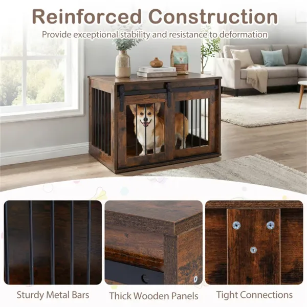 31.5" Dog Crate Furniture With Sliding Barn Door, Wooden Dog Kennel End Table For Indoor Use - Rustic Brown view 3