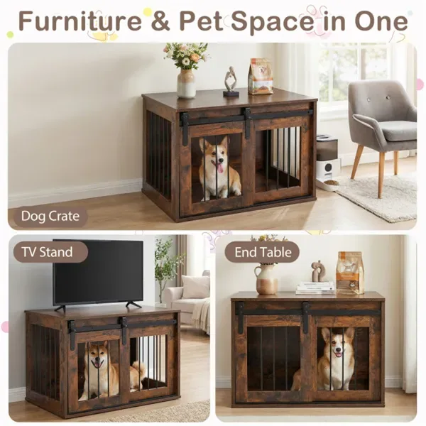 31.5" Dog Crate Furniture With Sliding Barn Door, Wooden Dog Kennel End Table For Indoor Use - Rustic Brown view 4