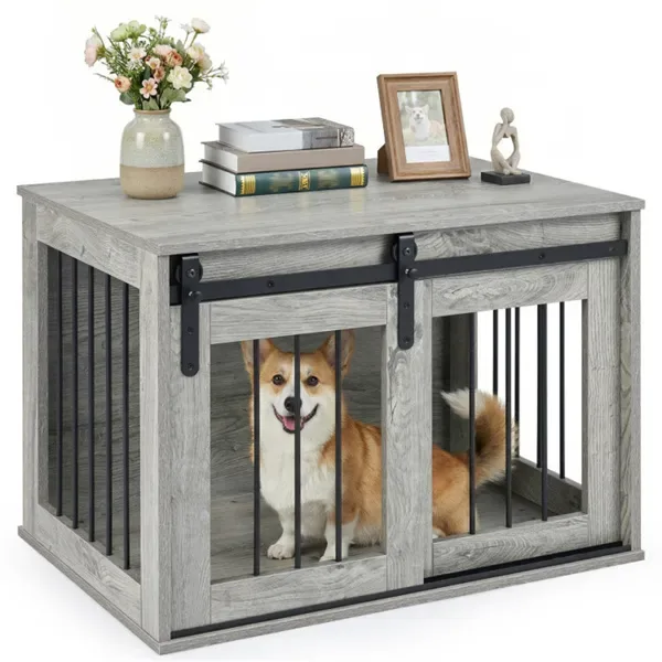 31.5" Dog Crate Furniture With Sliding Barn Door, Wooden Dog Kennel End Table For Indoor Use - Gray