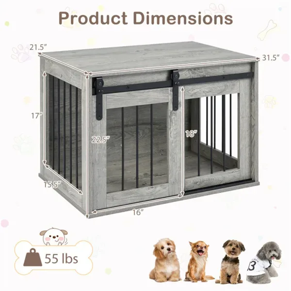 31.5" Dog Crate Furniture With Sliding Barn Door, Wooden Dog Kennel End Table For Indoor Use - Gray view 4