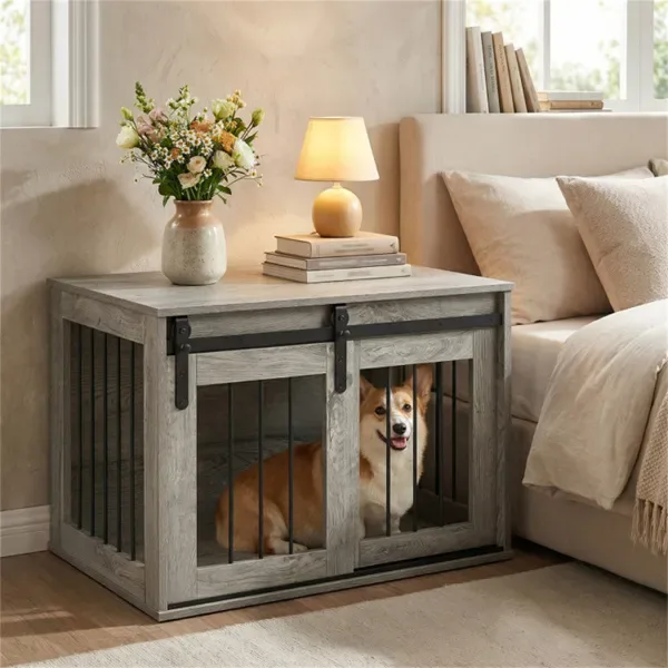 31.5" Dog Crate Furniture With Sliding Barn Door, Wooden Dog Kennel End Table For Indoor Use - Gray view 2