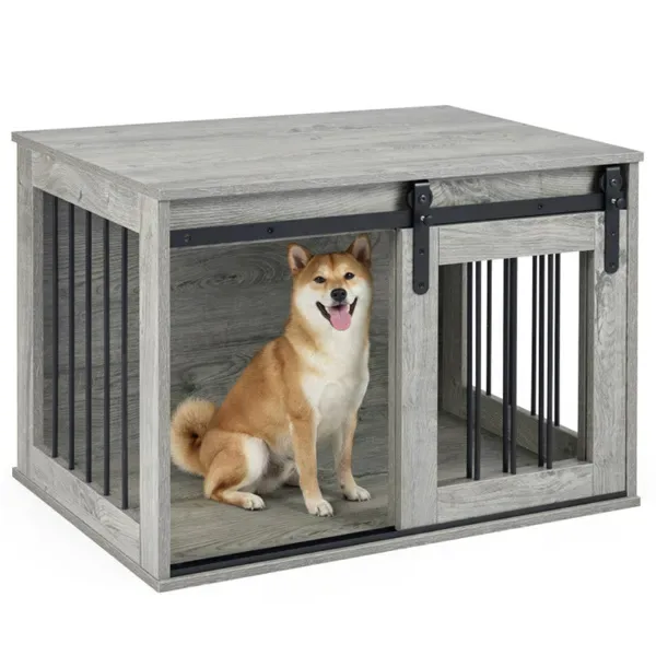31.5" Dog Crate Furniture With Sliding Barn Door, Wooden Dog Kennel End Table For Indoor Use - Gray view 3