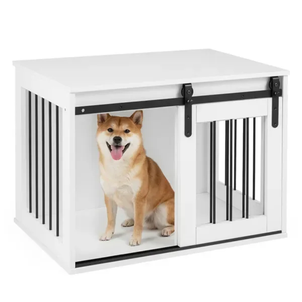 31.5" Dog Crate Furniture With Sliding Barn Door, Wooden Dog Kennel End Table For Indoor Use - White view 3