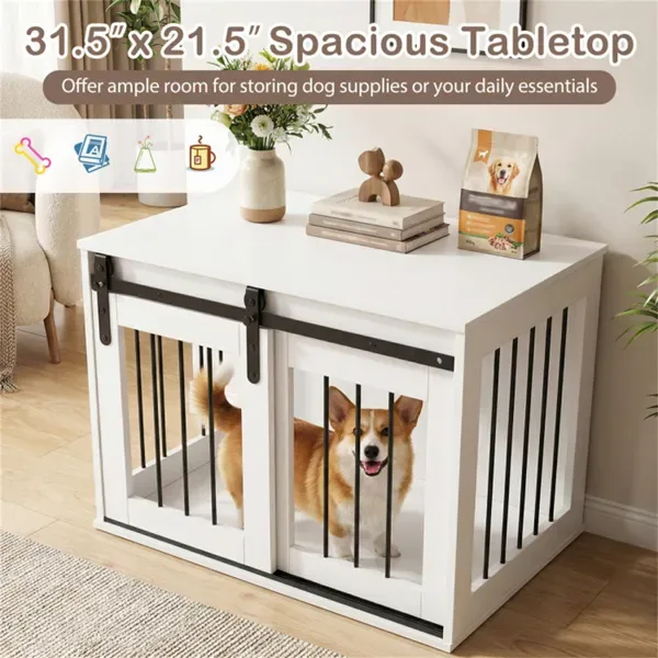 31.5" Dog Crate Furniture With Sliding Barn Door, Wooden Dog Kennel End Table For Indoor Use - White view 4