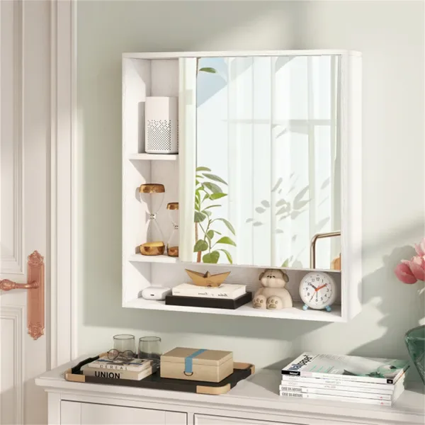 2 In 1 Mirrored Bathroom Wall Cabinet, Space-Saving Medicine Cabinet With Hidden Storage & Shelves - White view 4