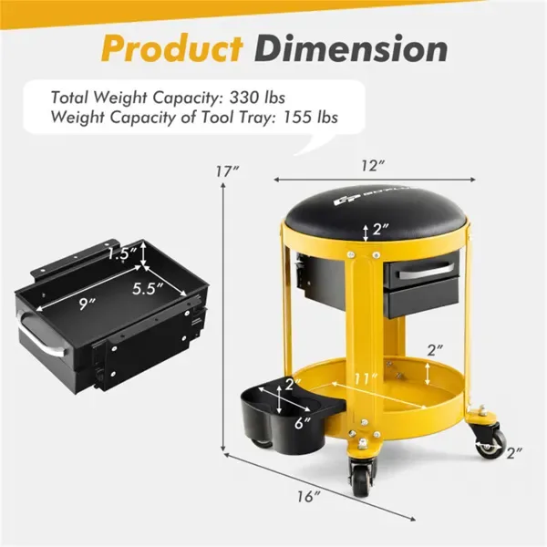 Workshop Creeper Seat With Removable Padded Seat And Drawers-Yellow view 2
