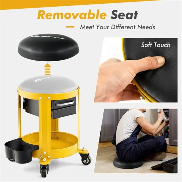 Workshop Creeper Seat With Removable Padded Seat And Drawers-Yellow view 4