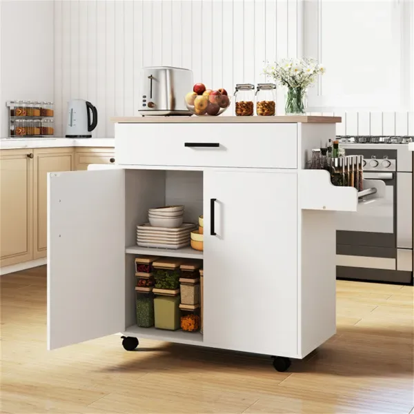 41.5" Rolling Kitchen Island Cart With Storage, White Kitchen Cart With Drawer & Cabinet, Spice Rack & Towel Holder view 2