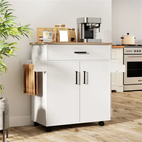 41.5" Rolling Kitchen Island Cart With Storage, White Kitchen Cart With Drawer & Cabinet, Spice Rack & Towel Holder view 3