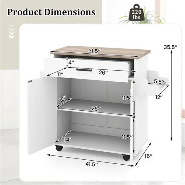 41.5" Rolling Kitchen Island Cart With Storage, White Kitchen Cart With Drawer & Cabinet, Spice Rack & Towel Holder view 4