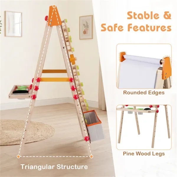 4-in-1 Kids Art Easel With Marble Run, Adjustable Height Double-Sided Drawing Easel With Paper Roll & Storage view 2