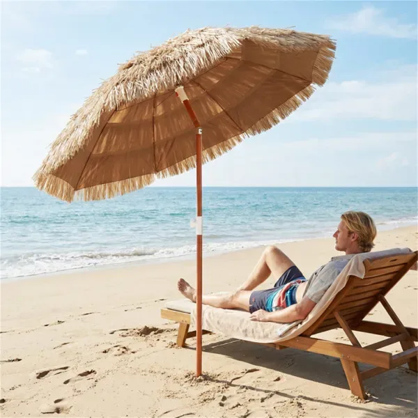 6ft Thatched Tiki Patio Umbrella (2 Pack), Tropical Outdoor Umbrella With Push Button Tilt (Natural) view 3