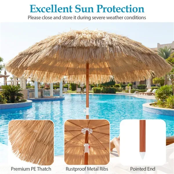 6ft Thatched Tiki Patio Umbrella (2 Pack), Tropical Outdoor Umbrella With Push Button Tilt (Natural) view 4