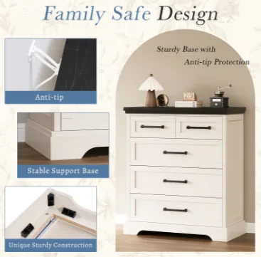 Only Do One Dropshipping Service----Country-style Five-drawer Chest Of Drawers, Black And White Contrasting Solid Wood Drawer Cabinet view 3