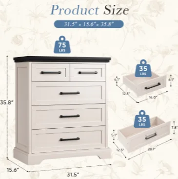 Only Do One Dropshipping Service----Country-style Five-drawer Chest Of Drawers, Black And White Contrasting Solid Wood Drawer Cabinet view 2