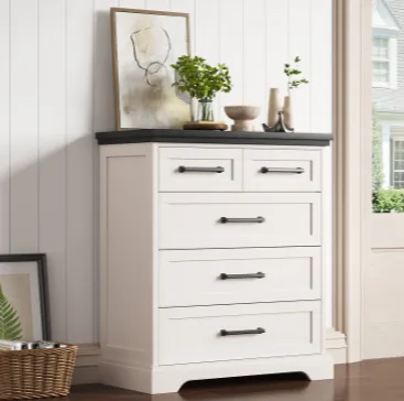 Only Do One Dropshipping Service----Country-style Five-drawer Chest Of Drawers, Black And White Contrasting Solid Wood Drawer Cabinet, Bedroom Storage And Storage Cabinet